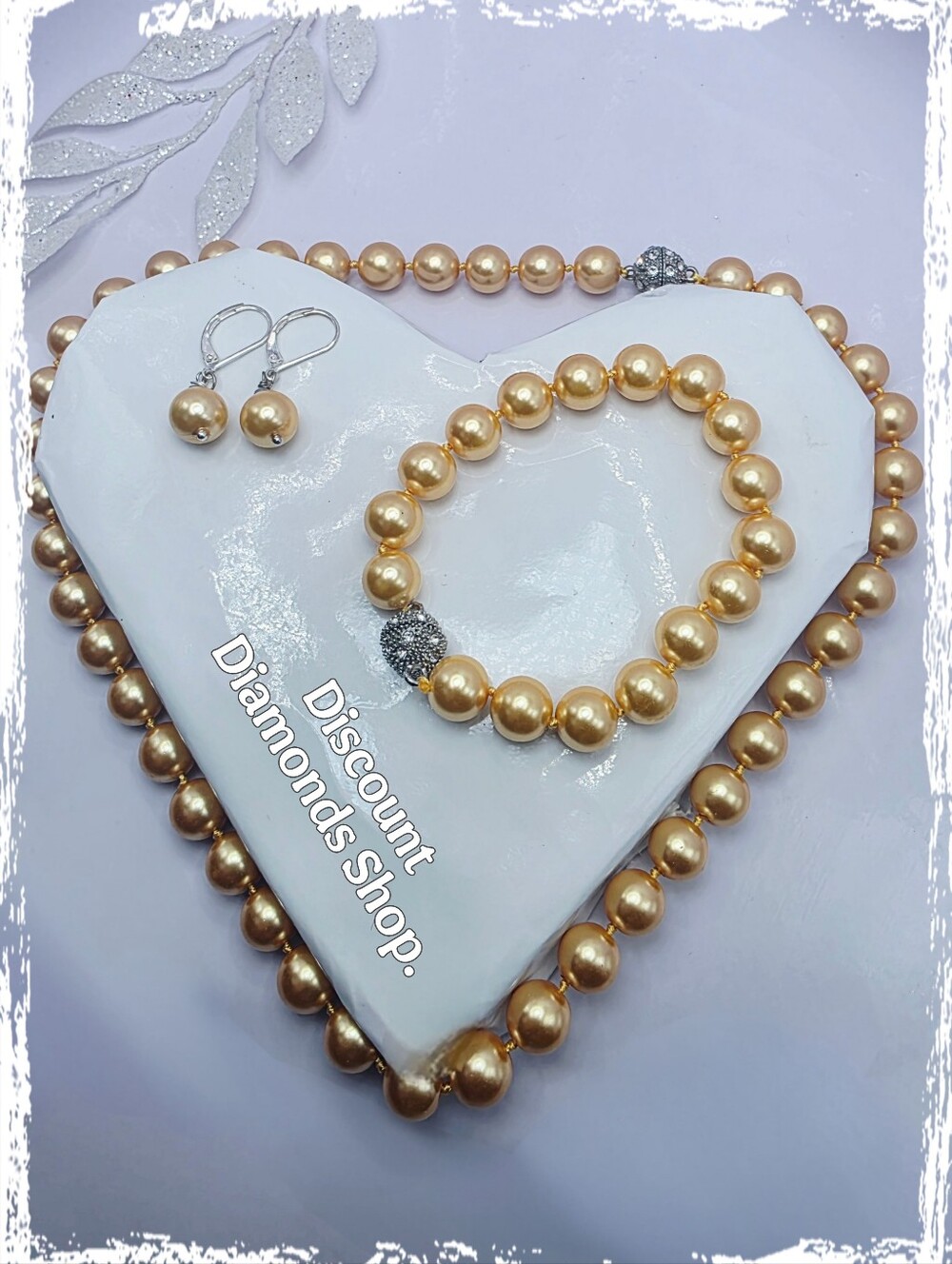 Gold 10mm South Sea Shell Pearls 4 Pc Set Earrings Bracelet  Necklace 925 Clasp